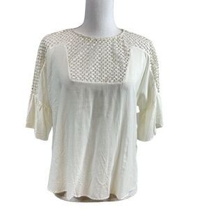H&M Ivory Blouse Women's Size 12 Bell Sleeves Cutout Detail 100% Viscose